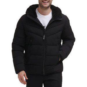 Mens Black Winter Puffer Stretch Jacket With Sherpa Hood